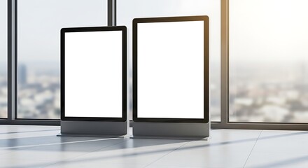 Two blank digital advertising screens in a modern, sunlit office interior with large windows overlooking a city, ready for commercial promotions and informational displays