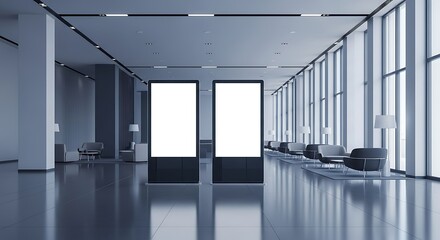 Modern Lobby with Blank Displays Advertising Space for Business and Design Presentations
