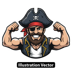 Robust Bearded Pirate Mascot Character Flexing Muscles, Bold Vector Illustration for Branding and Sports Teams