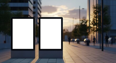 Mockup of two empty vertical billboards on a modern city street at sunset, ideal for advertising and commercial displays