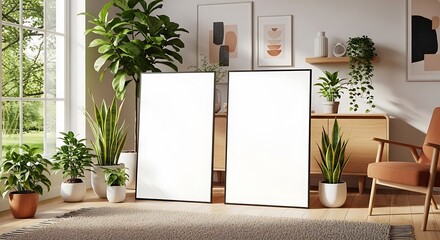 Two blank vertical poster frames mockup standing on the floor in a sunlit modern living room with numerous green houseplants for art display