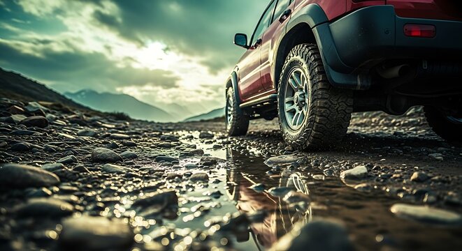 Red offroad vehicle on rocky terrain red vehicle