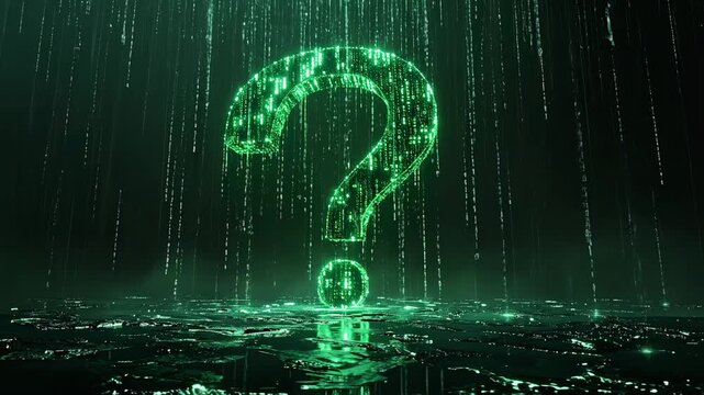 Futuristic green question mark symbolizing uncertainty and questions in the digital age of technology and big data