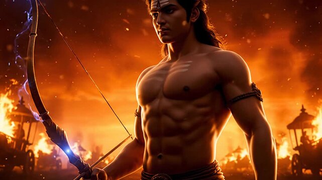 Lord Ram Ready to Fight in War, Holding Divine Bow, Illustration for Ram Navami and Hindu Festivals