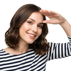 Smiling woman in a striped shirt looking into the distance hand on forehead isolated on white