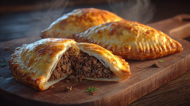 Golden brown baked empanadas filled with savory minced meat, presented on a rustic wooden board with steam rising, evoking a sense of warmth and deliciousness