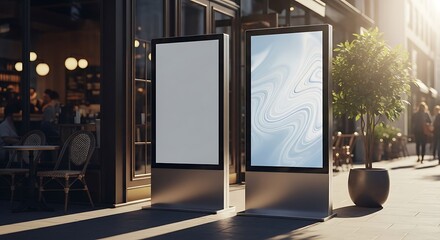 Two modern digital billboards on a city street with a blank screen for advertising mockups in a sunlit urban setting