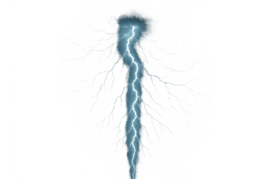 Lightning bolt showing powerful electrical discharge and energy, natural thunderstorm phenomenon, transparent background