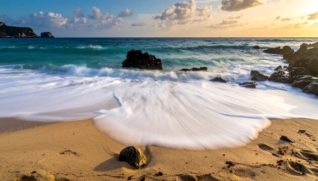 Ocean waves crashing on a sandy beach at sunset with dark rock formations - Powered by Adobe