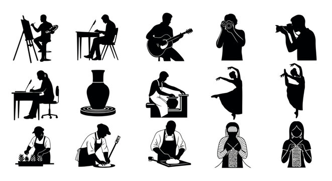 Set of creative hobby silhouettes diverse artistic pursuits in vector format transparent background