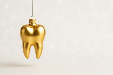 Golden tooth shaped ornament hanging on white background with soft light and copy space, elegant holiday dental concept for Christmas marketing visuals