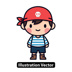 Cute Cartoon Pirate Boy Character Wearing Red Bandana with Skull and Stripes Shirt