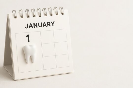 Minimal January calendar with 3D tooth on the first day page, clean background with space for text, symbolic dental concept for new year healthcare promotions