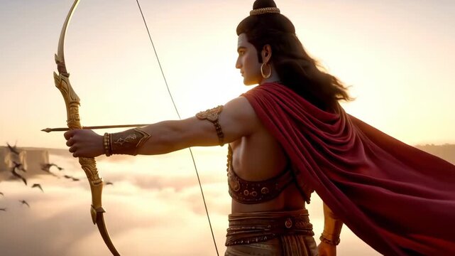 Lord Rama, the epitome of righteousness, standing tall with his bow against a serene sky, symbolizing strength and devotion.