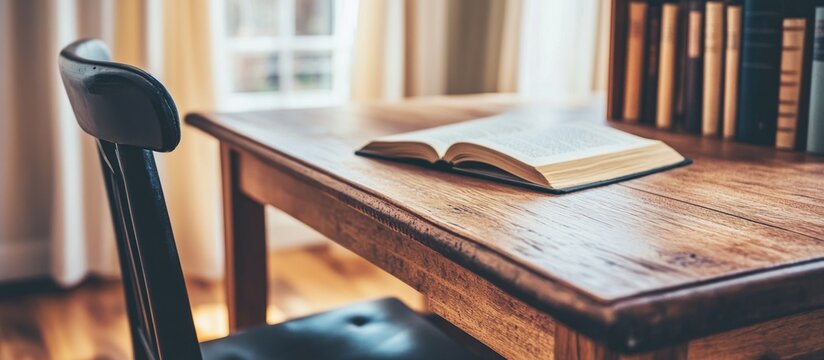 Open book on wooden table, chair, and bookshelf background