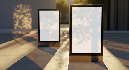 Outdoor advertising lightboxes showcasing blank white screens for mockups and commercial promotions in sunlight