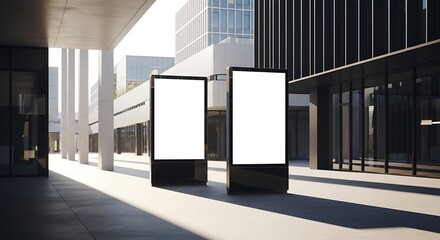 Two prominent blank digital advertising billboards standing in a modern urban environment, perfect for showcasing your outdoor marketing campaigns and promotions