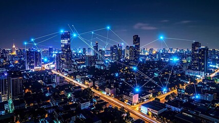 City at night with illuminated buildings, connected by glowing lines. A modern data concept