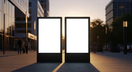 Urban advertising concept with two empty vertical billboards on a sidewalk against a beautiful sunset city scape