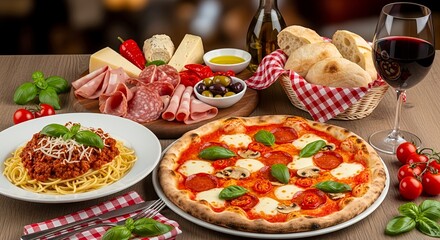 Delicious Italian dinner of fresh baked pizza with vegetables, ham, and red wine on a restaurant table