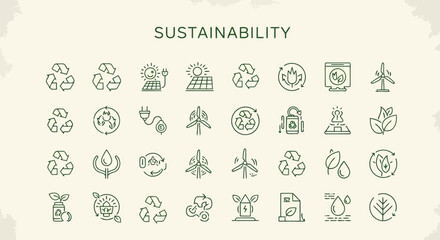 Set of sustainability line icons vector illustration of eco-friendly symbols for environmental awareness and green energy concepts