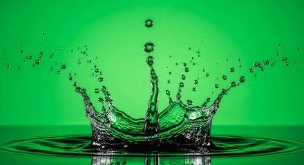 Water splash crown effect with drops isolated on a green screen. Liquid element for compositing video footage.