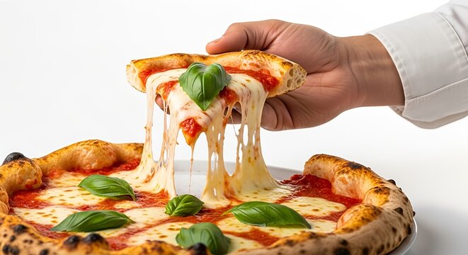 Hand holding a slice of delicious Italian pizza and a glass of red wine for a gourmet dinner meal