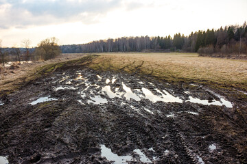 Gnarly, slushy mud track, riddled with puddles and tire ruts, traversing a desolate field towards a distant forest line under an overcast sky