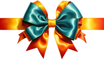 A vibrant, detailed illustration featuring a teal and orange ribbon tied into an elaborate bow