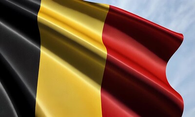 Realistic satin Belgium flag waving in the wind against a blue sky national symbol of Belgium video animation loop.