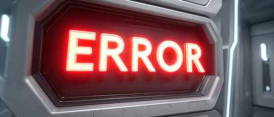 Error message glowing red on futuristic system panel indicates cloud system failure alert in high tech environment with metallic design and illuminated interface