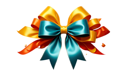 Glossy, layered ribbon bow in vibrant gold, teal, and orange hues, against a stark black background