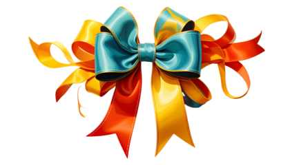 A digitally rendered, colorful bow composed of teal, orange, and yellow ribbons against a black background
