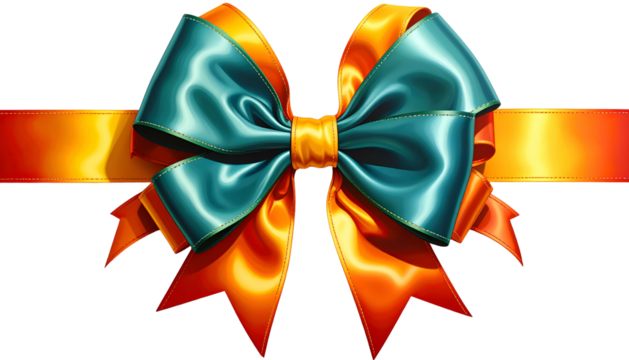 A vibrant, detailed illustration featuring a teal and orange ribbon tied into an elaborate bow