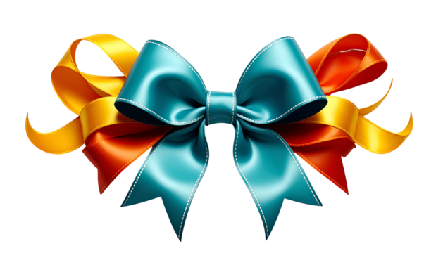 Digitally rendered ribbons, teal, orange, and yellow hues, tied to create a celebratory bow