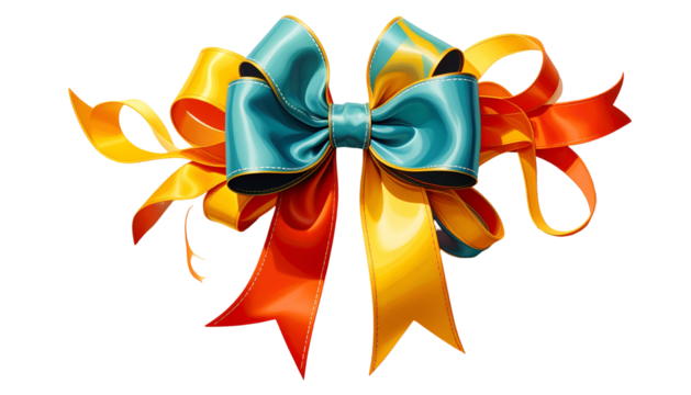 A digitally rendered, colorful bow composed of teal, orange, and yellow ribbons against a black background