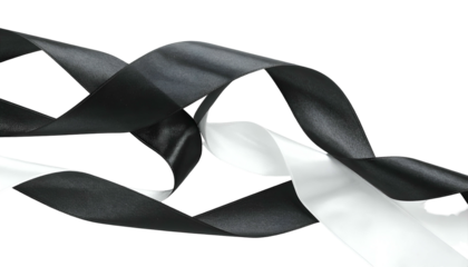 Flowing black and white satin ribbons on a transparent background, abstract elegant design