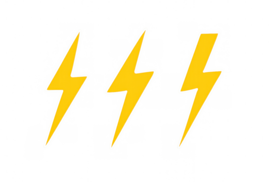 Yellow cartoon lightning bolts vector illustration set depicting electricity, power, and energy