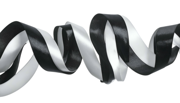 Swirling, glossy black and white ribbon isolated on a black background. Abstract design
