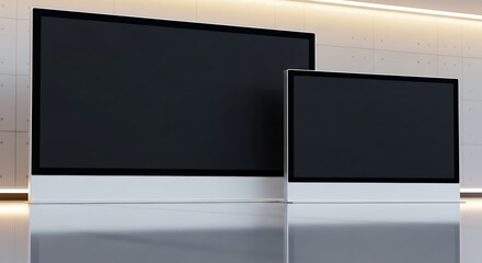 Two sleek and modern all-in-one desktop computers with blank black screens sitting on a reflective surface, representing a contemporary digital workspace