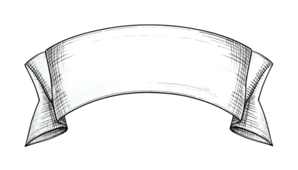 A hand-drawn banner with flowing ends, shaded and textured, isolated on black