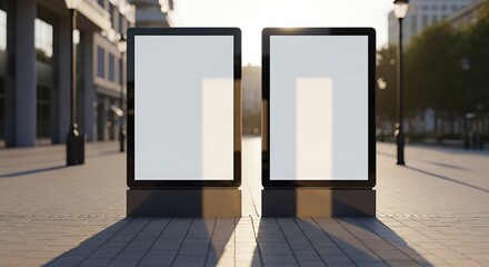 A pair of blank vertical outdoor advertising billboards on a city street, providing a perfect mockup template in the warm glow of sunlight