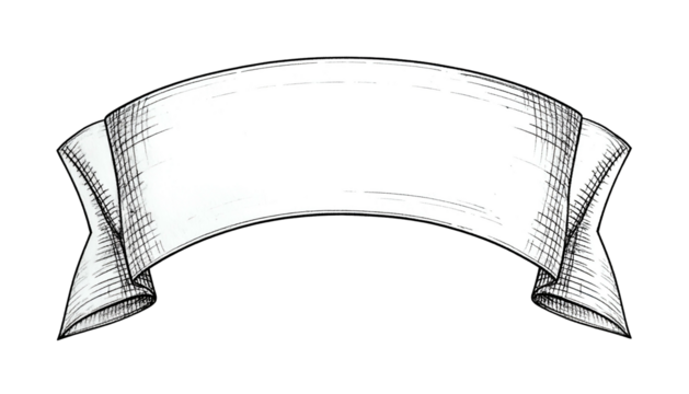 A hand-drawn banner with flowing ends, shaded and textured, isolated on black