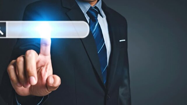 A person in a suit points to a glowing search bar, symbolizing online research/access