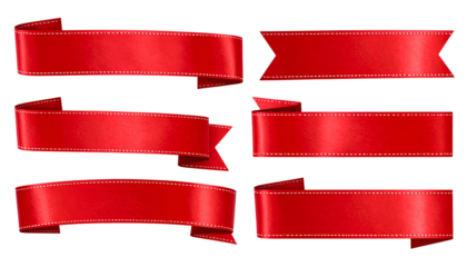 Six vibrant red, silky ribbons with stitched edges against a stark black background