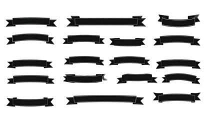 Collection of stylized, dark-colored ribbon banners, each with a unique shape