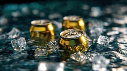 Three golden beverage cans surrounded by ice cubes floating on a shimmering water surface