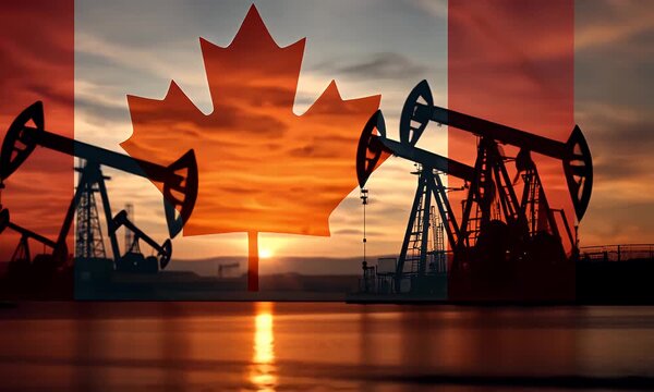 Silhouette of oil pump jacks working against a Canada flag background Canadian energy industry and economy concept video animation.