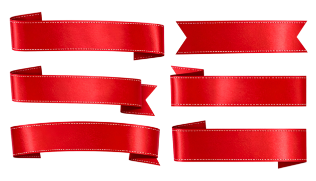 Six vibrant red, silky ribbons with stitched edges against a stark black background