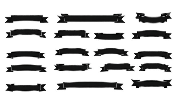 Collection of stylized, dark-colored ribbon banners, each with a unique shape - Powered by Adobe